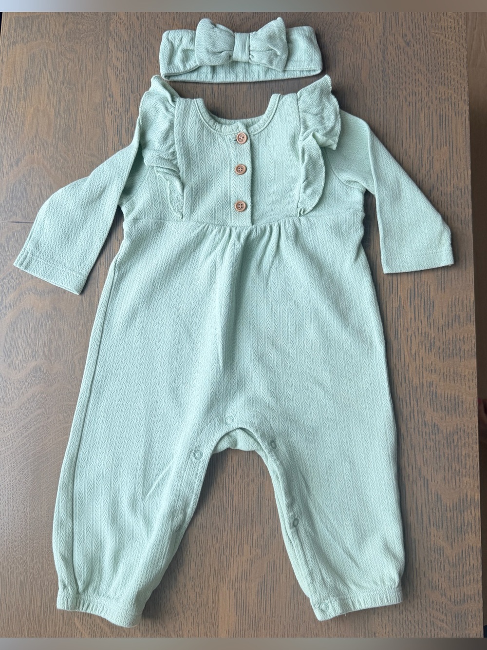 Little Me Soft Sage Ruffled Baby One-Piece with Headband - 9 Months